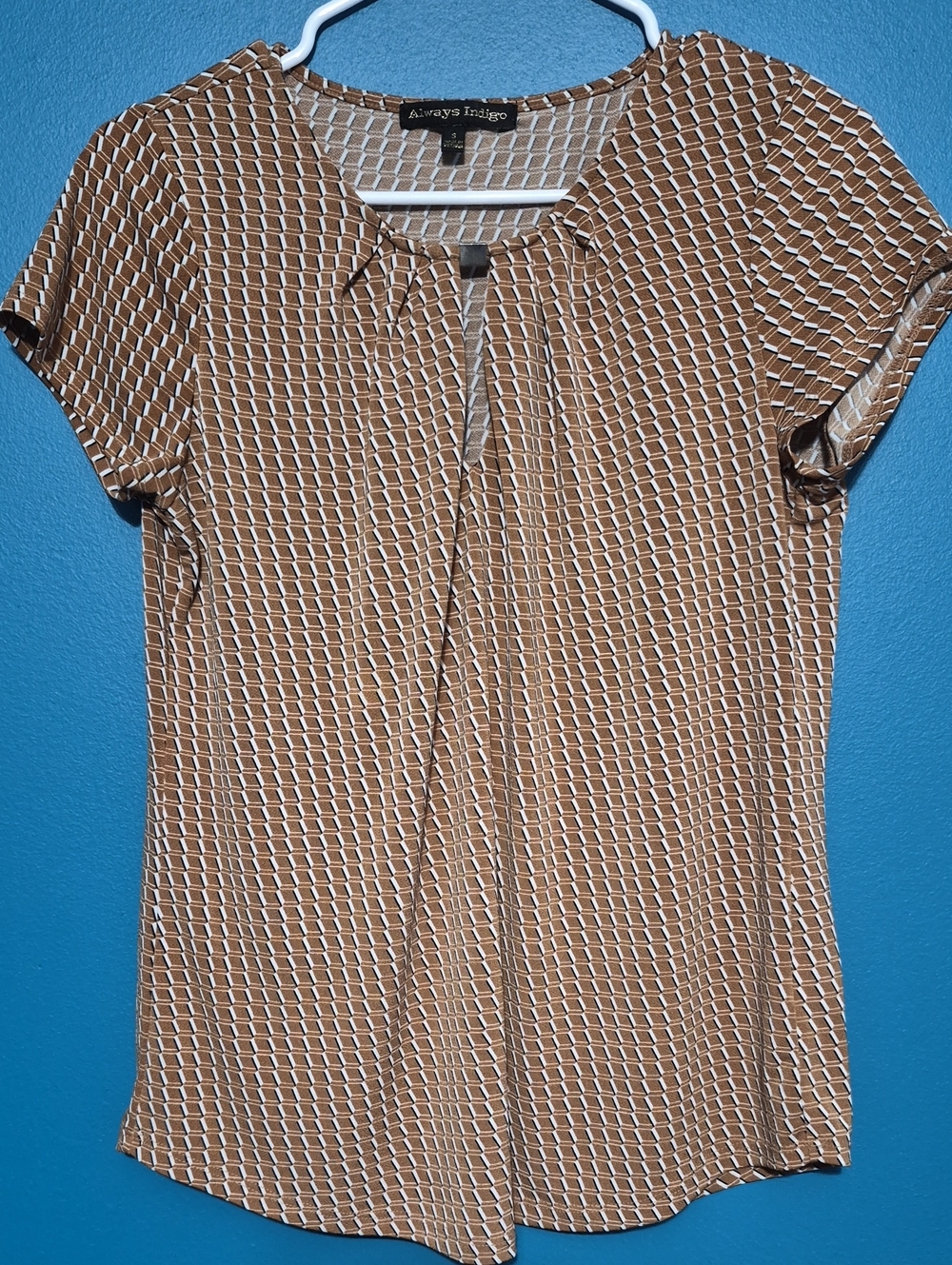 Always Indigo Geometric Blouse in Brown & White Size Small Like New